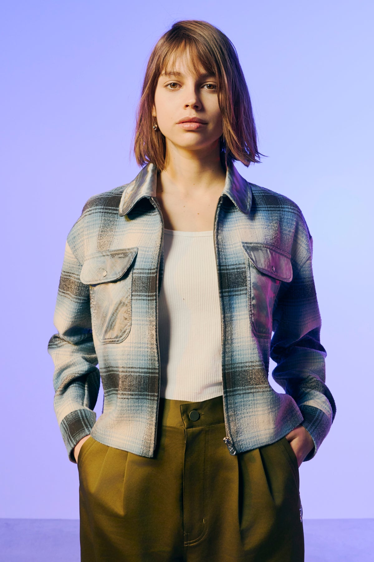WOMENS SILK CHECK JACKET / SAX BLUE
