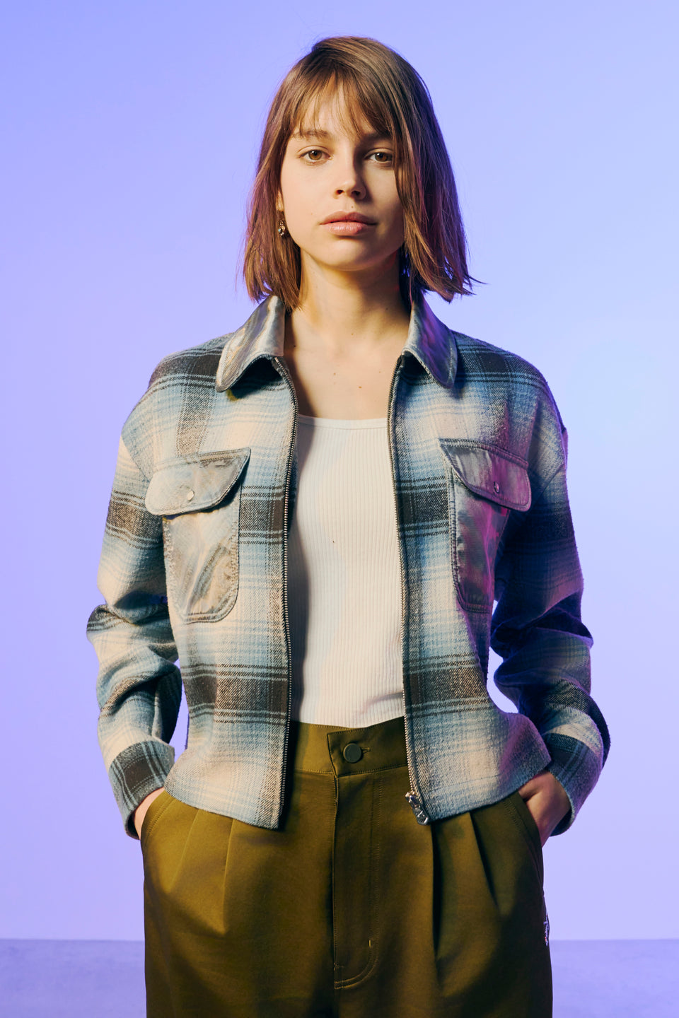 画像をギャラリービューアに読み込む, WOMENS SILK CHECK JACKET / SAX BLUE