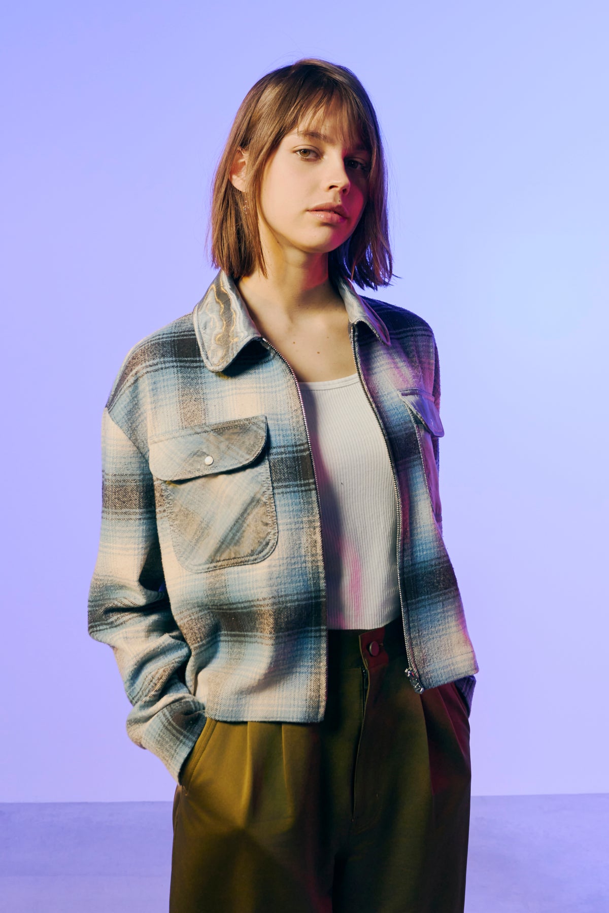 WOMENS SILK CHECK JACKET / SAX BLUE