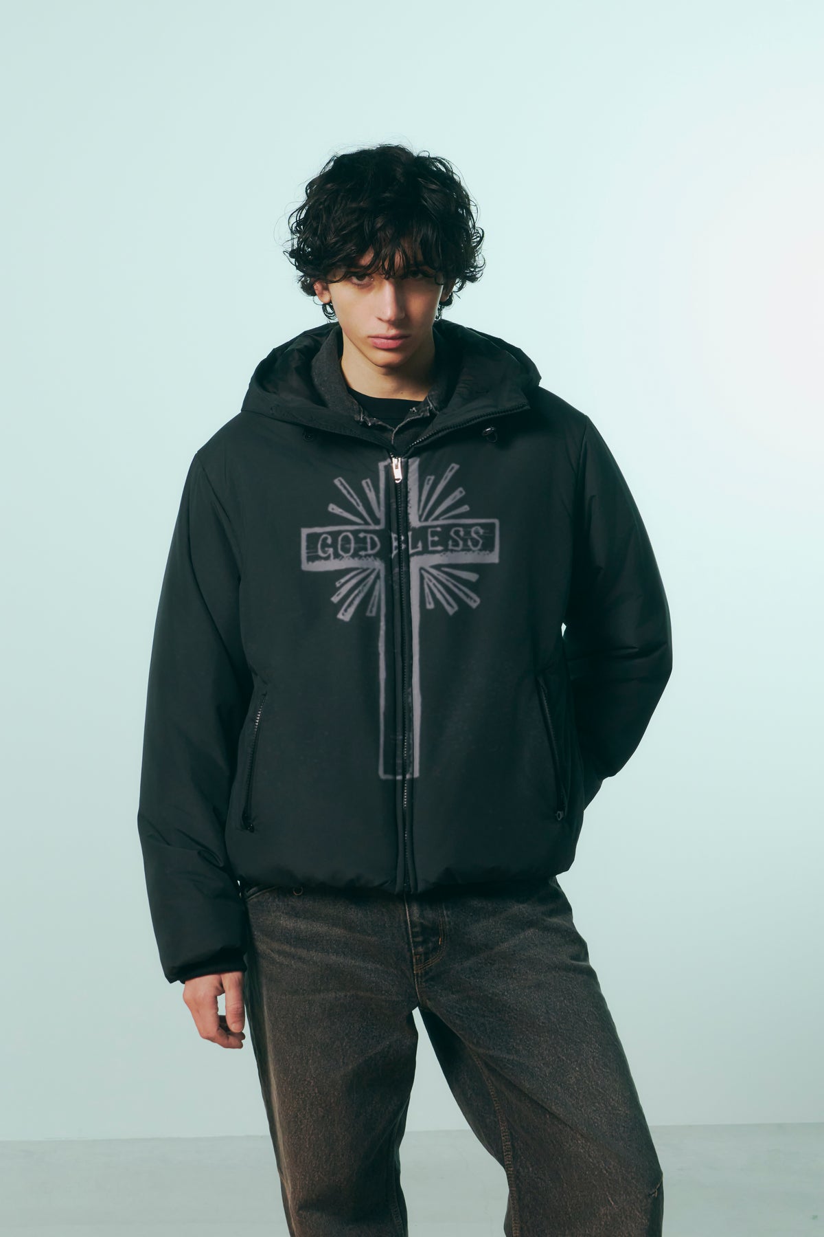 CROSS INKJET PRINT HOODIE / GRAY