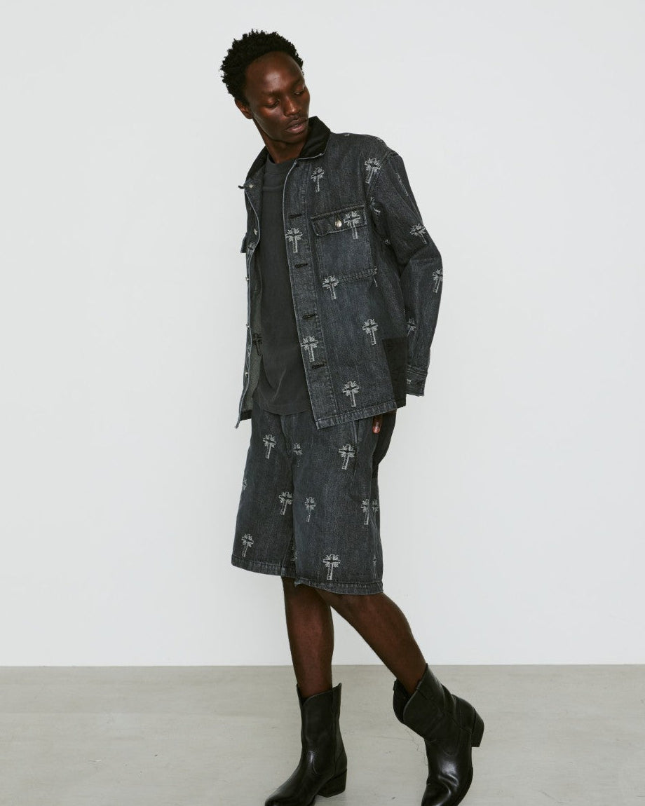 CROSS JACQUARD DENIM SHORTS / BLACK