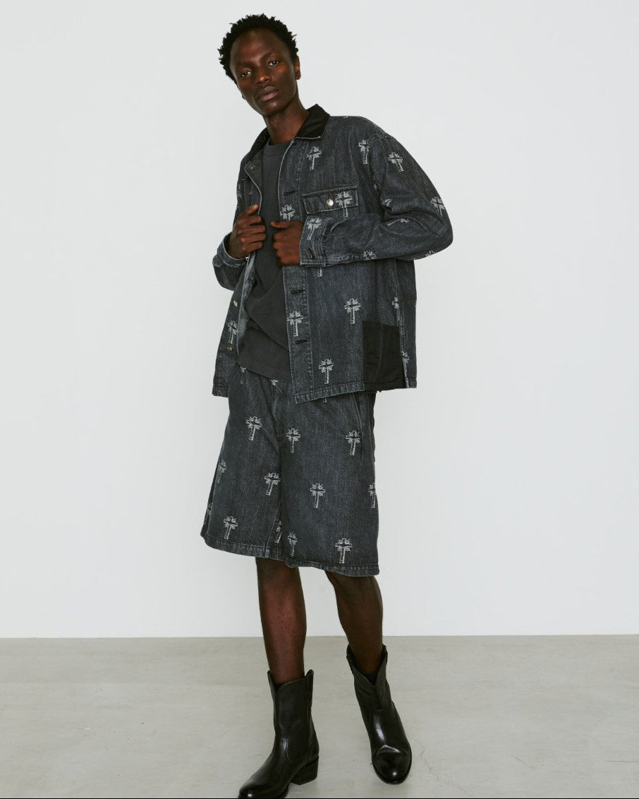 CROSS JACQUARD DENIM SHORTS / BLACK