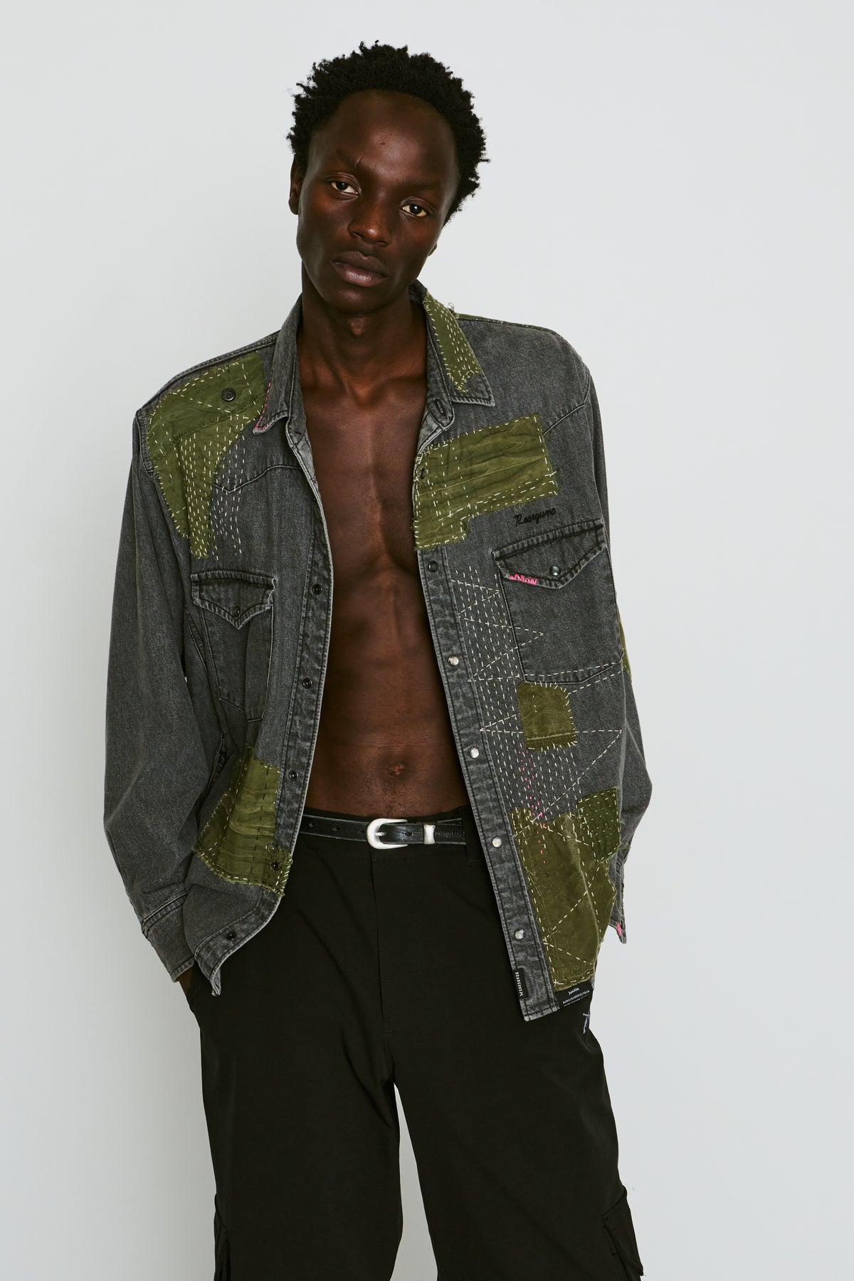JunAle SASHIKO 8oz DENIM SHIRTS DUNKWELL / BLACK