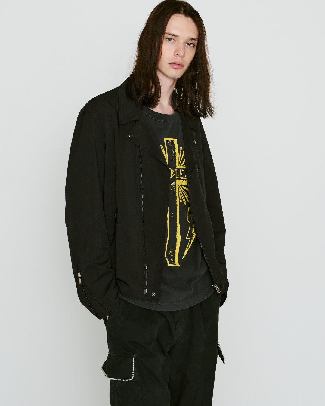 CROSS PRINT T-SHIRT / BLACK*YELLOW