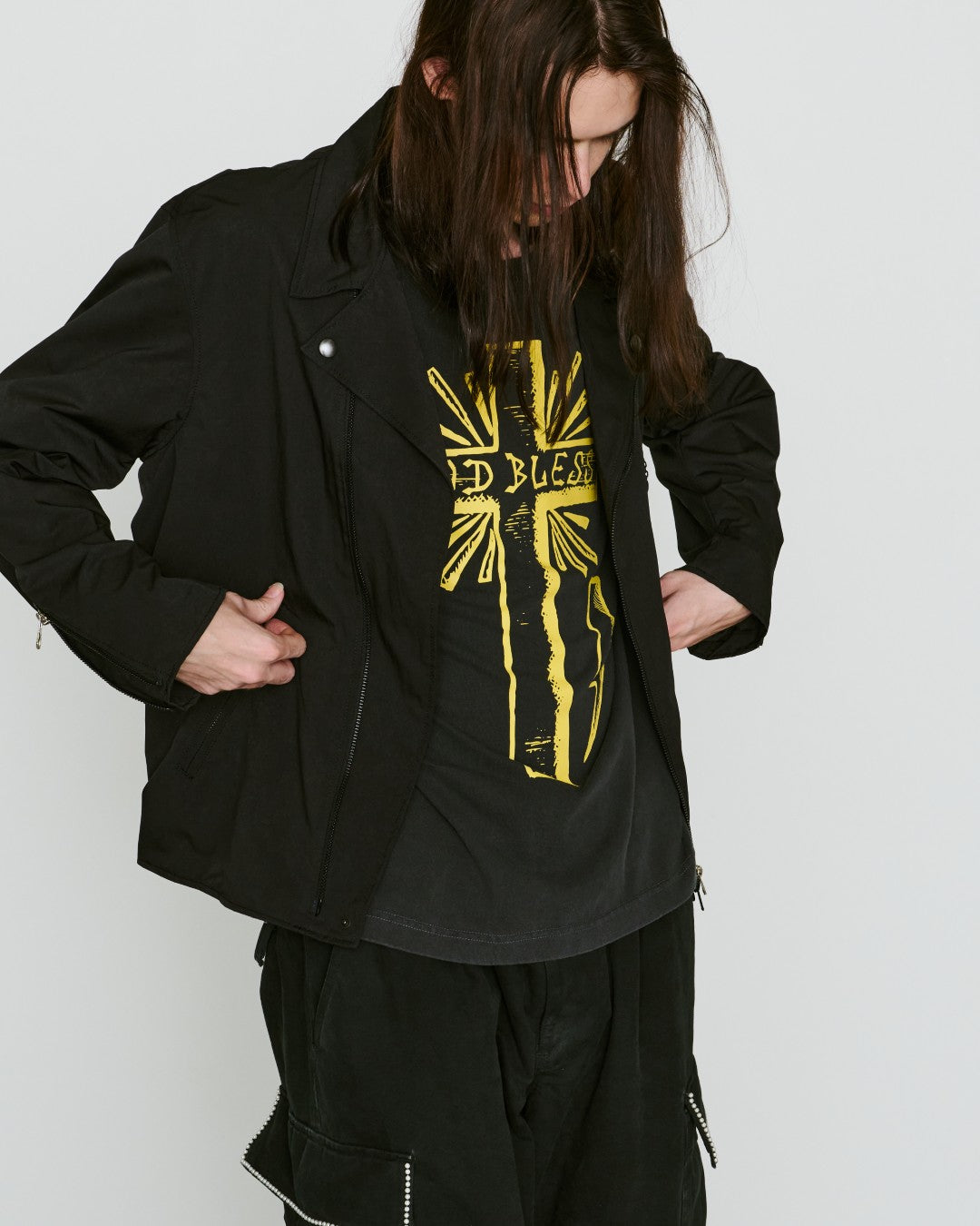 CROSS PRINT T-SHIRT / BLACK*YELLOW