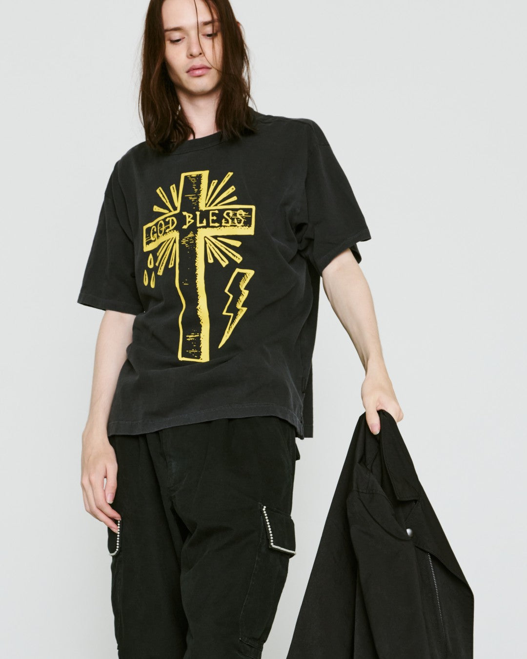 CROSS PRINT T-SHIRT / BLACK*YELLOW