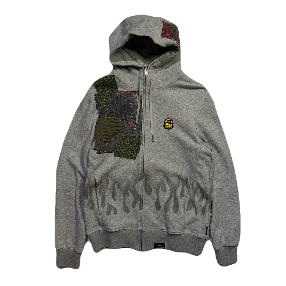 将图片加载到图库查看器，JunAle SASHIKO FLEECY HOODIE FIRE PATTERN / GRAY