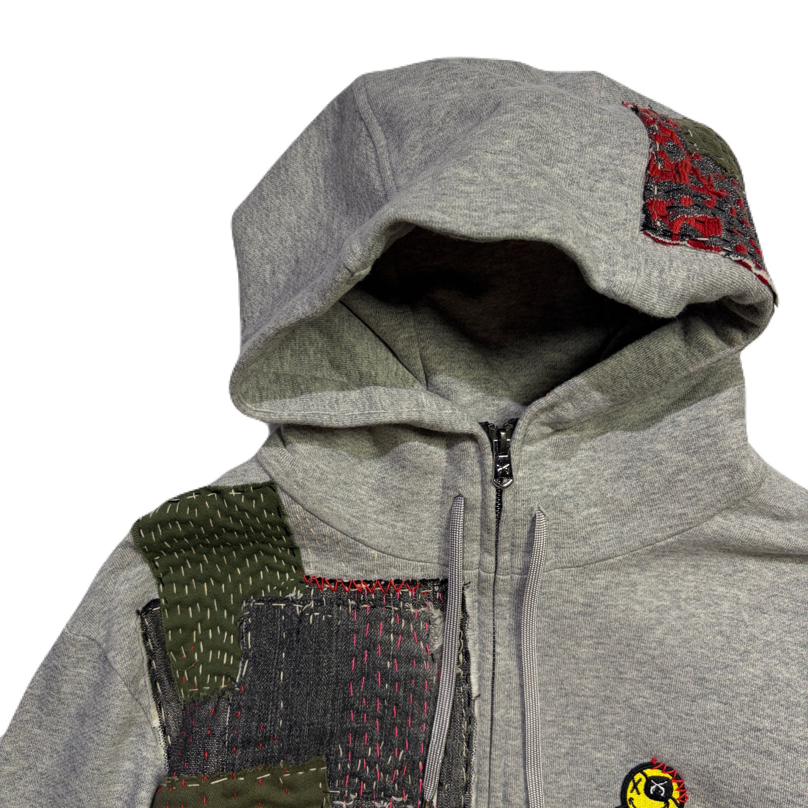 将图片加载到图库查看器，JunAle SASHIKO FLEECY HOODIE FIRE PATTERN / GRAY