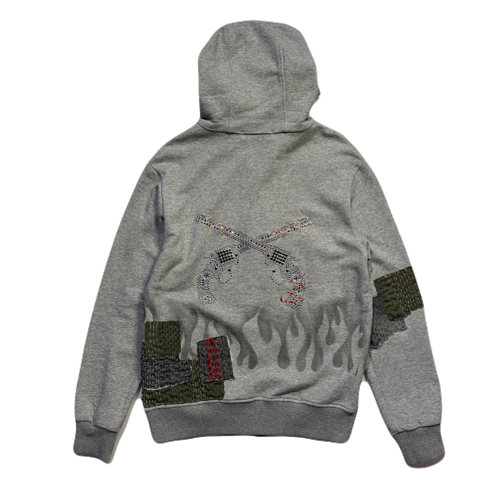 将图片加载到图库查看器，JunAle SASHIKO FLEECY HOODIE FIRE PATTERN / GRAY