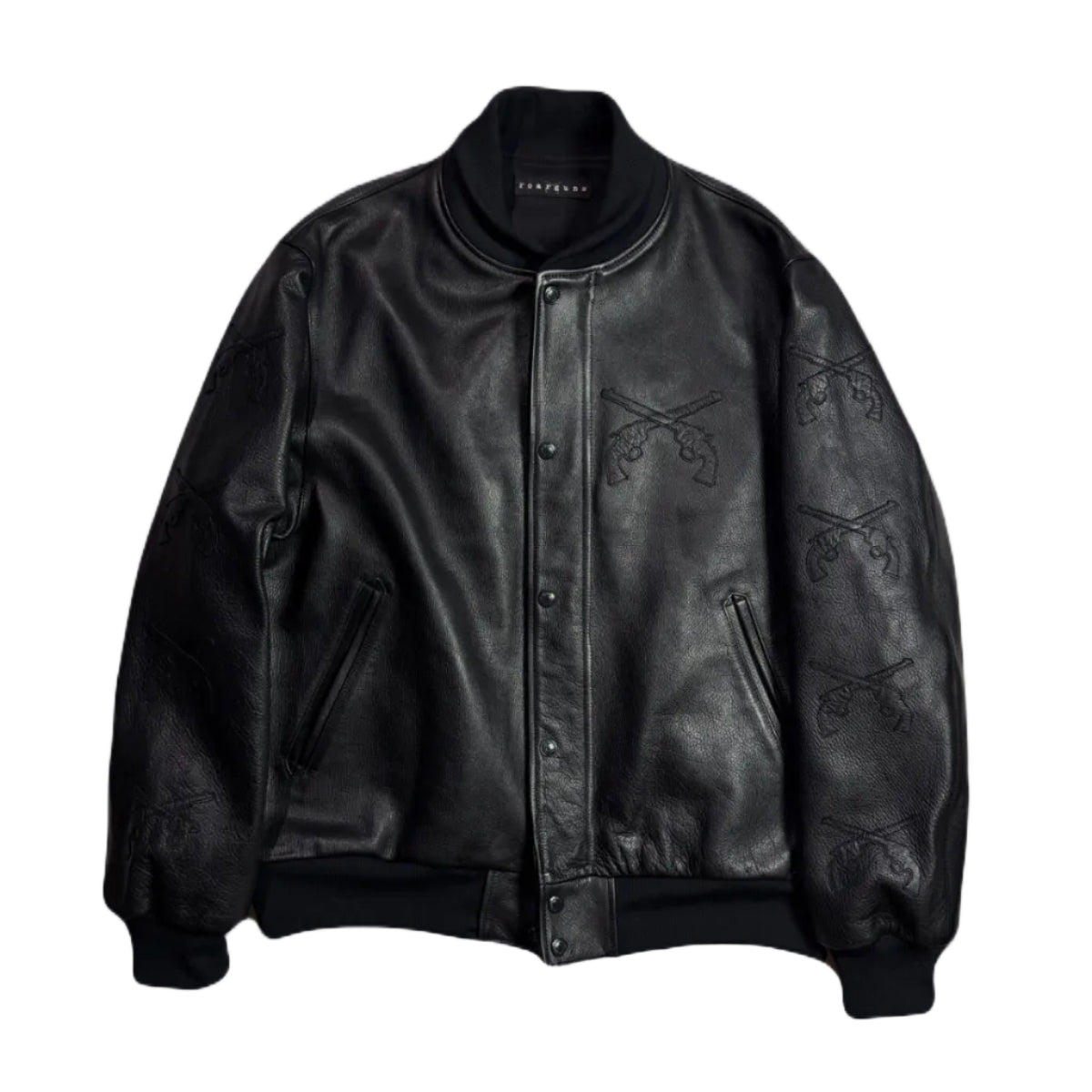 COW LEATHER CROSSGUN PATCH RIB JACKET / BLACK