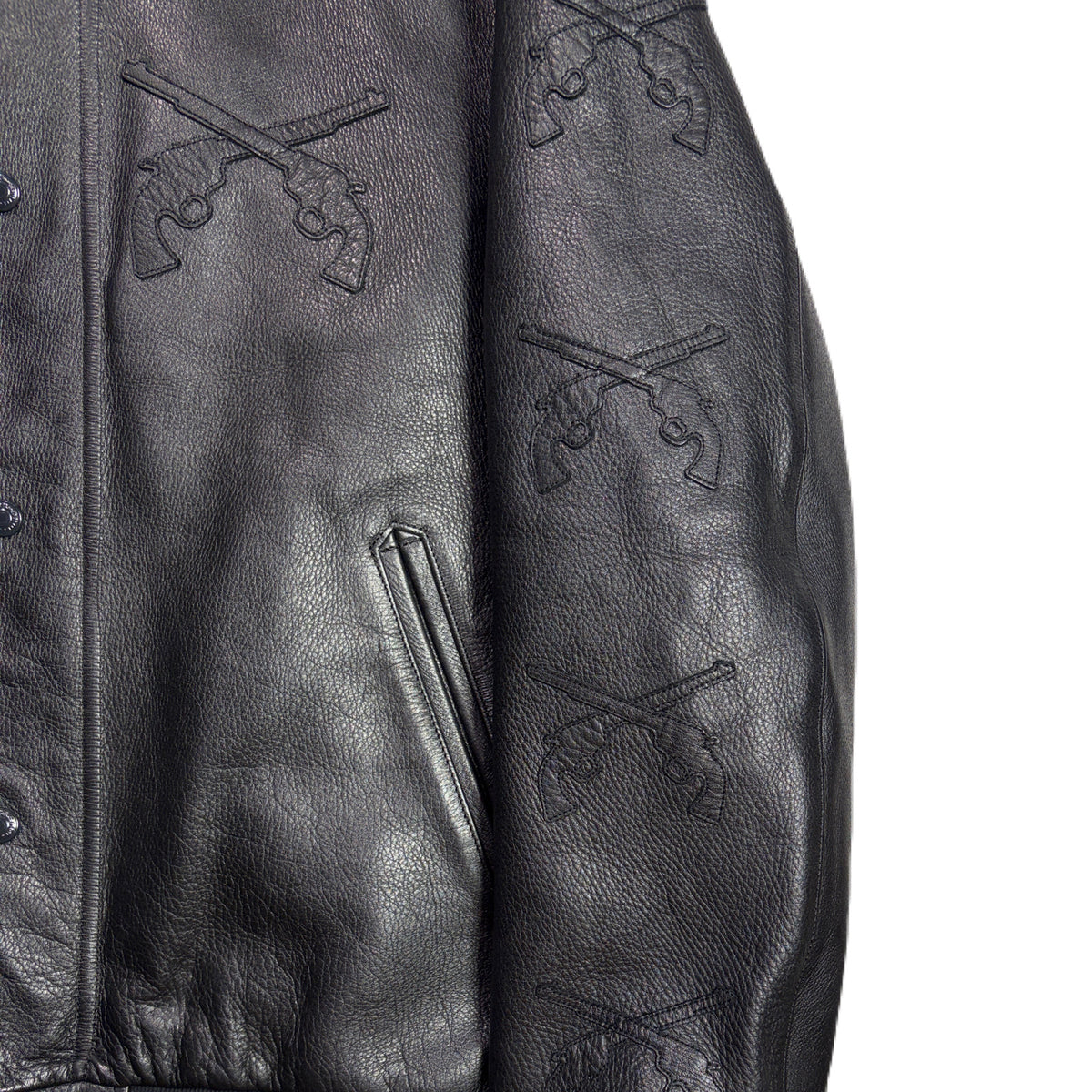 COW LEATHER CROSSGUN PATCH RIB JACKET / BLACK
