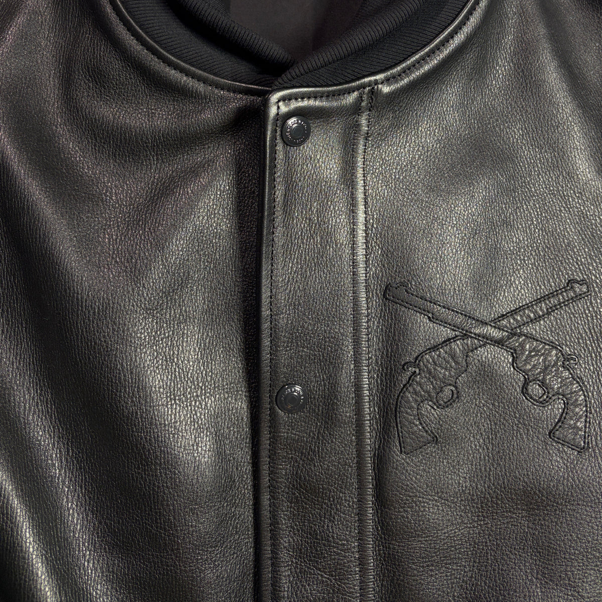 COW LEATHER CROSSGUN PATCH RIB JACKET / BLACK
