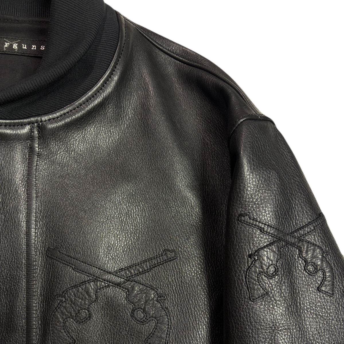 COW LEATHER CROSSGUN PATCH RIB JACKET / BLACK