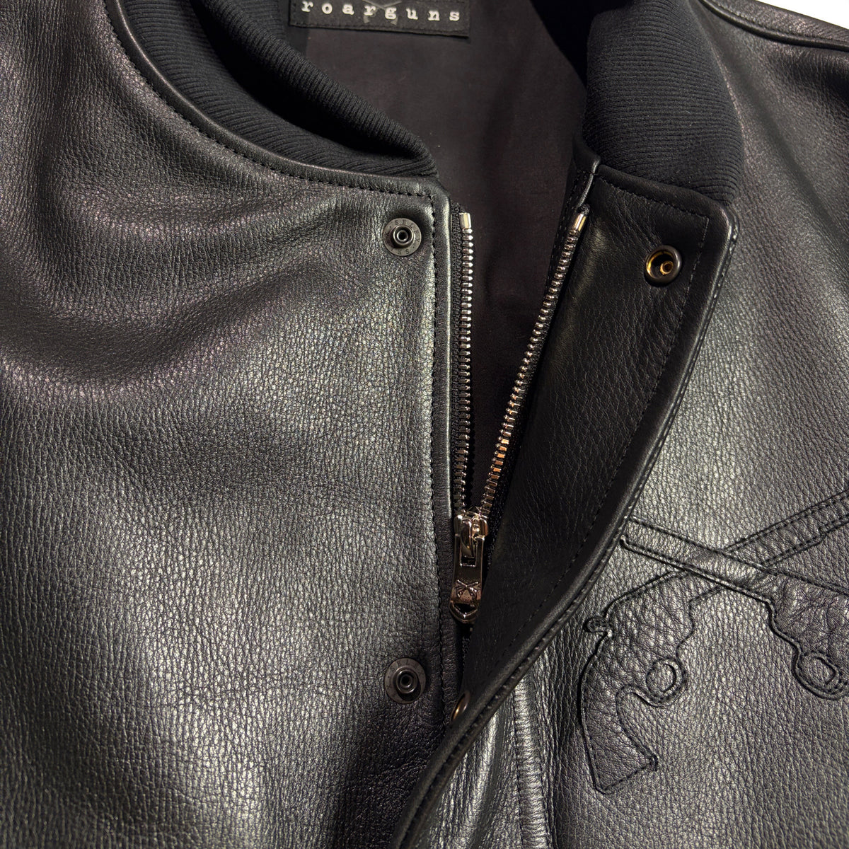 COW LEATHER CROSSGUN PATCH RIB JACKET / BLACK