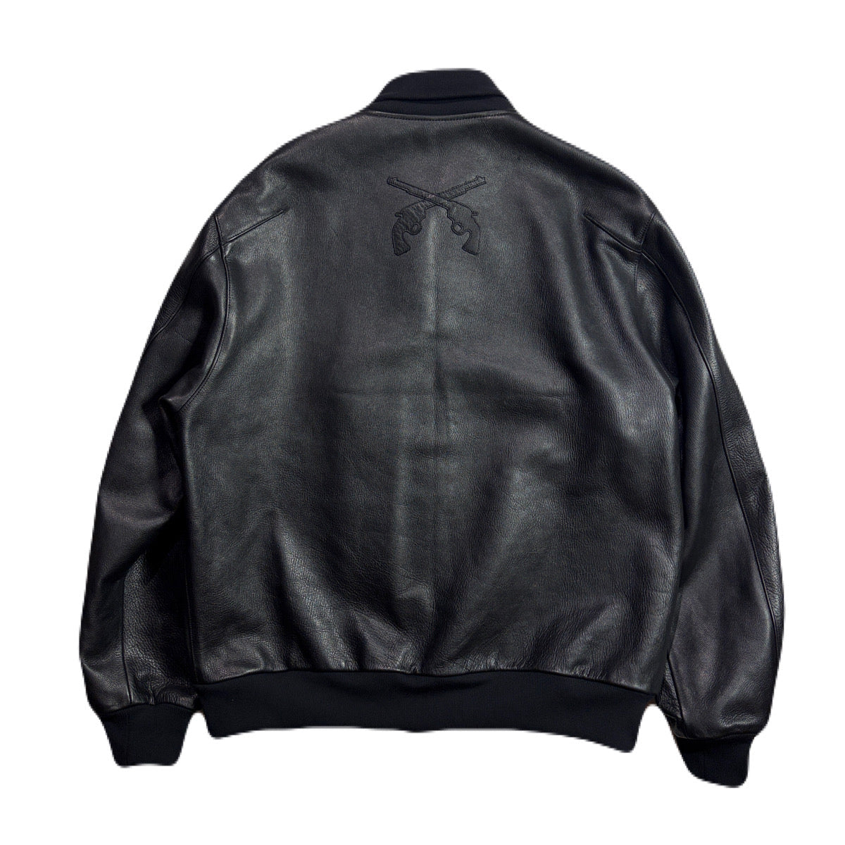 COW LEATHER CROSSGUN PATCH RIB JACKET / BLACK