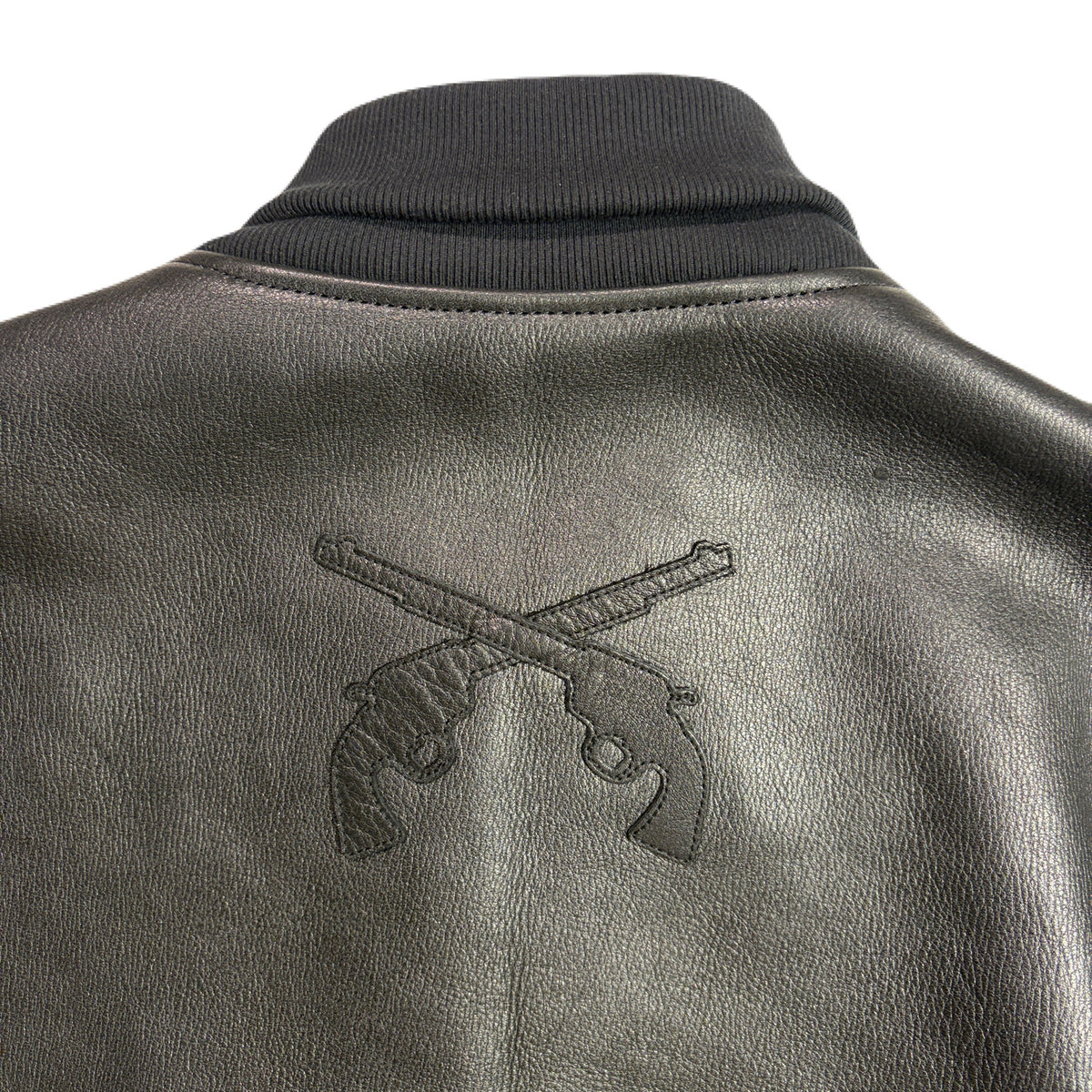 COW LEATHER CROSSGUN PATCH RIB JACKET / BLACK