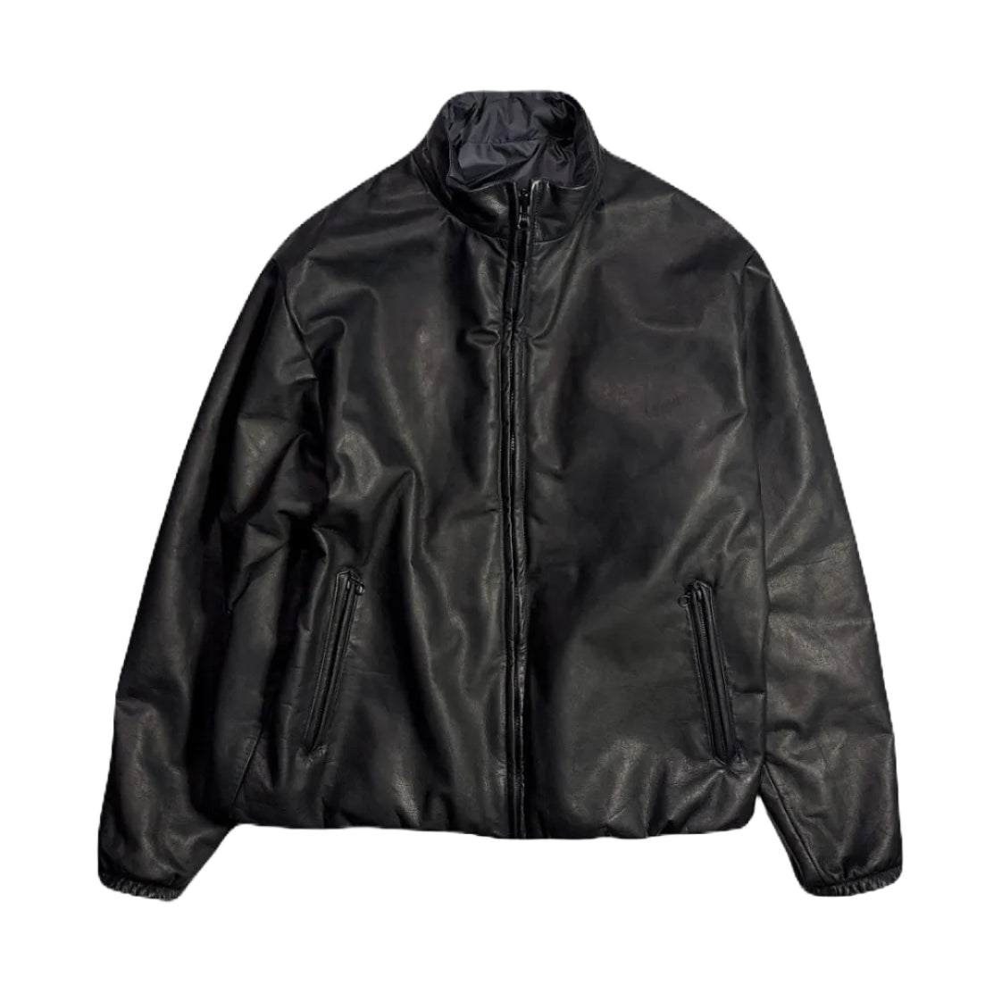COW LEATHER ZIP PUFFER JACKET / BLACK