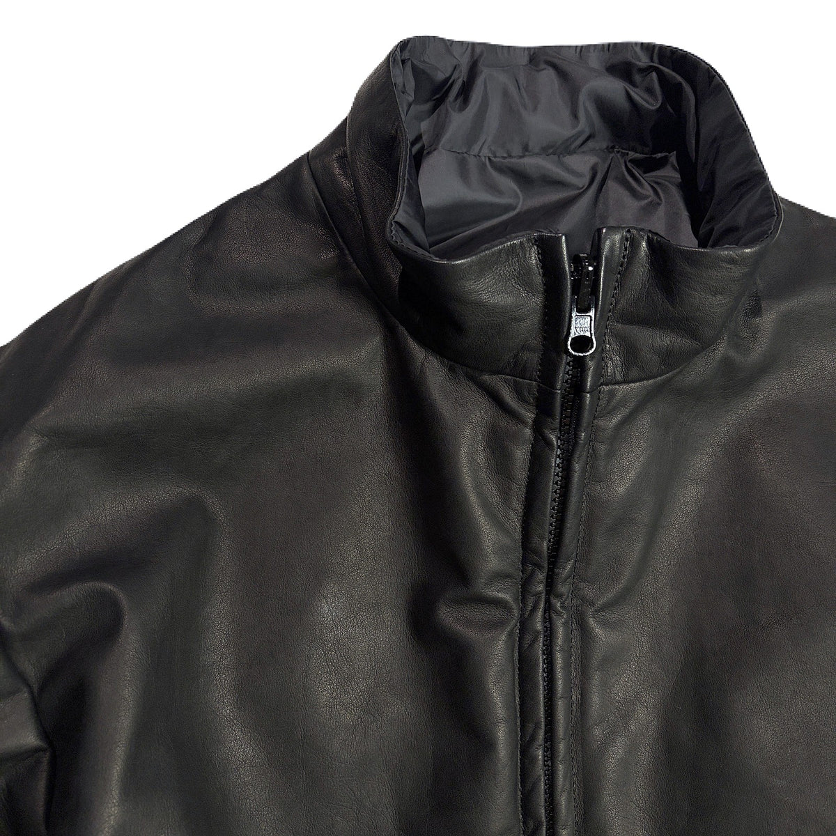 COW LEATHER ZIP PUFFER JACKET / BLACK
