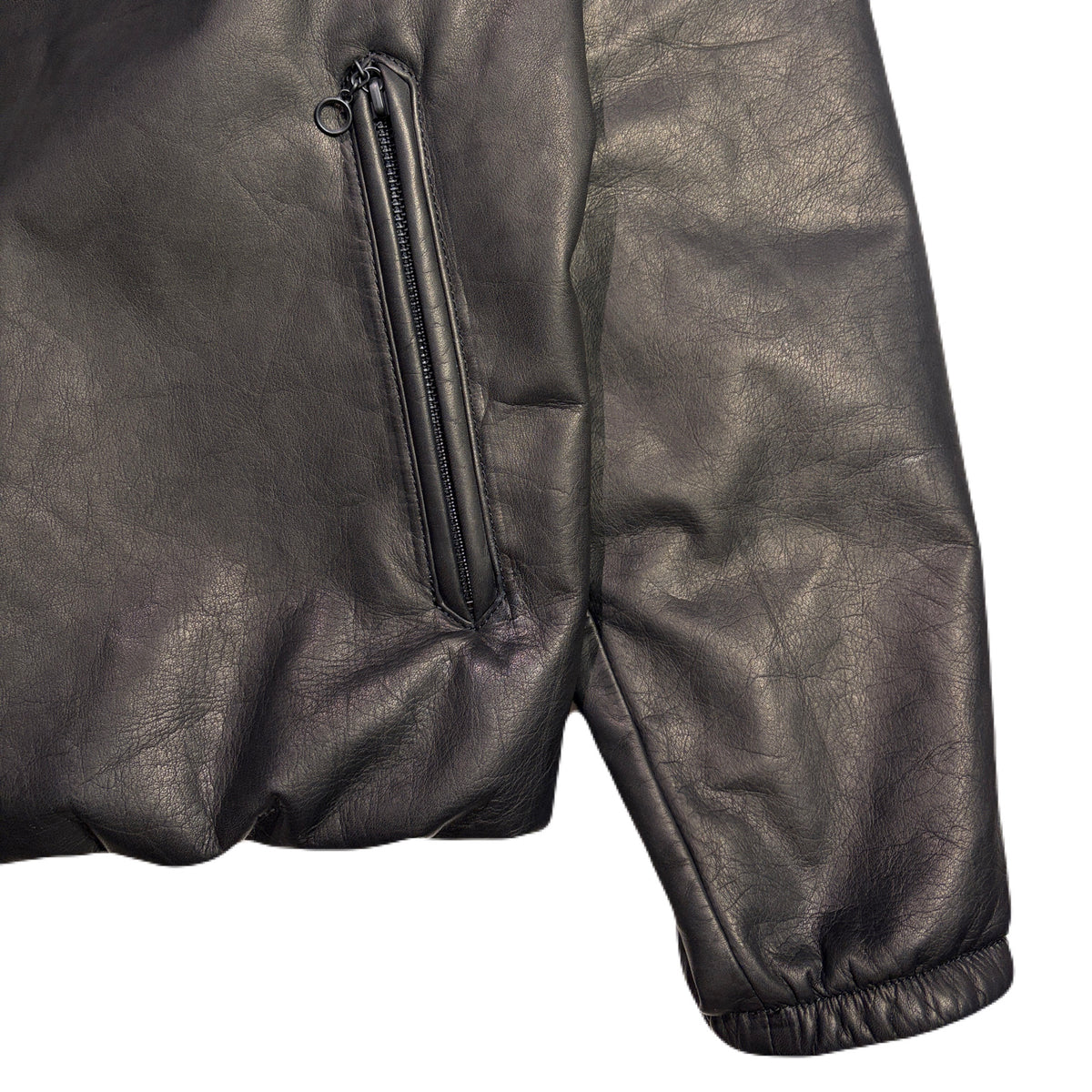 COW LEATHER ZIP PUFFER JACKET / BLACK