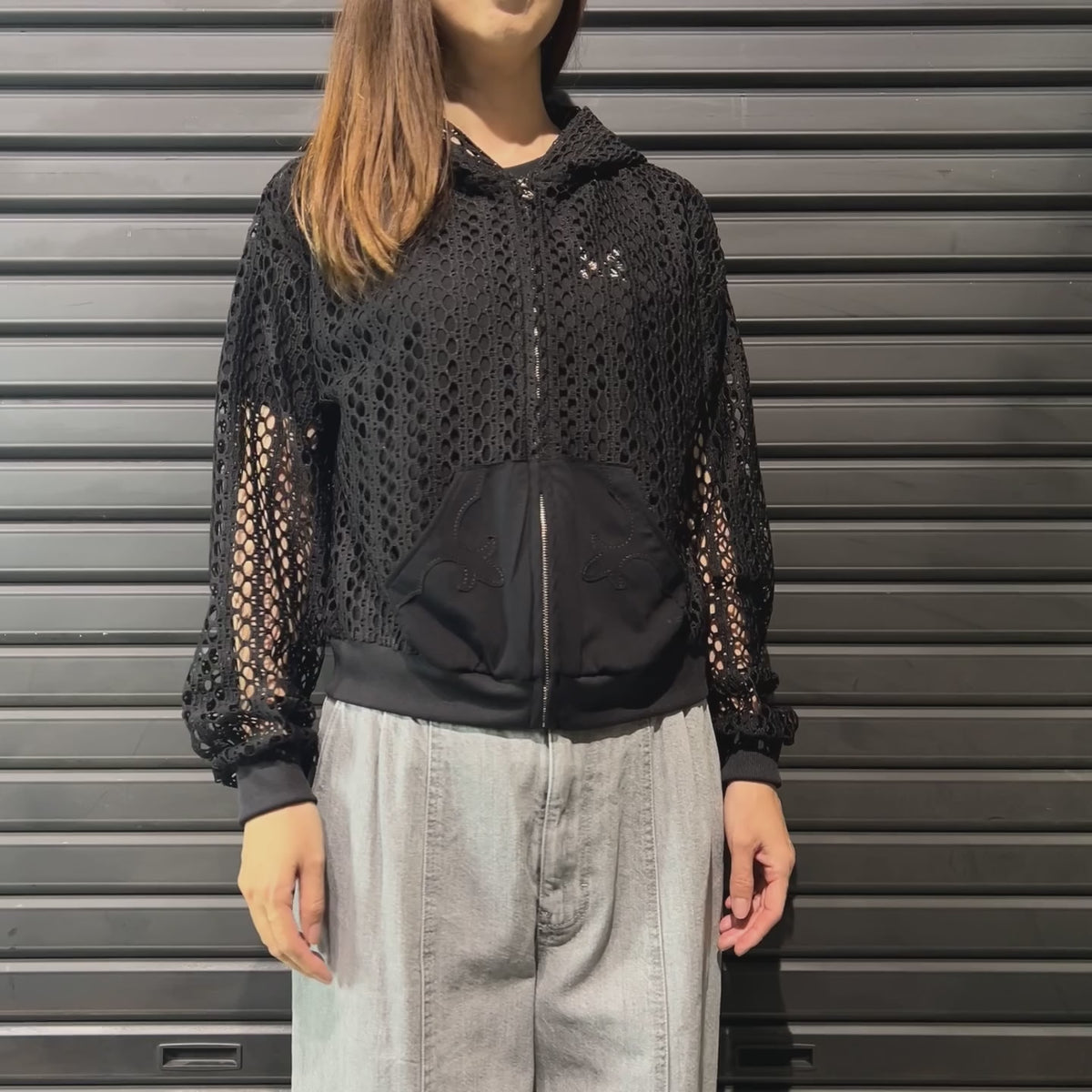 WOMENS MESH LACE HOODIE / BLACK