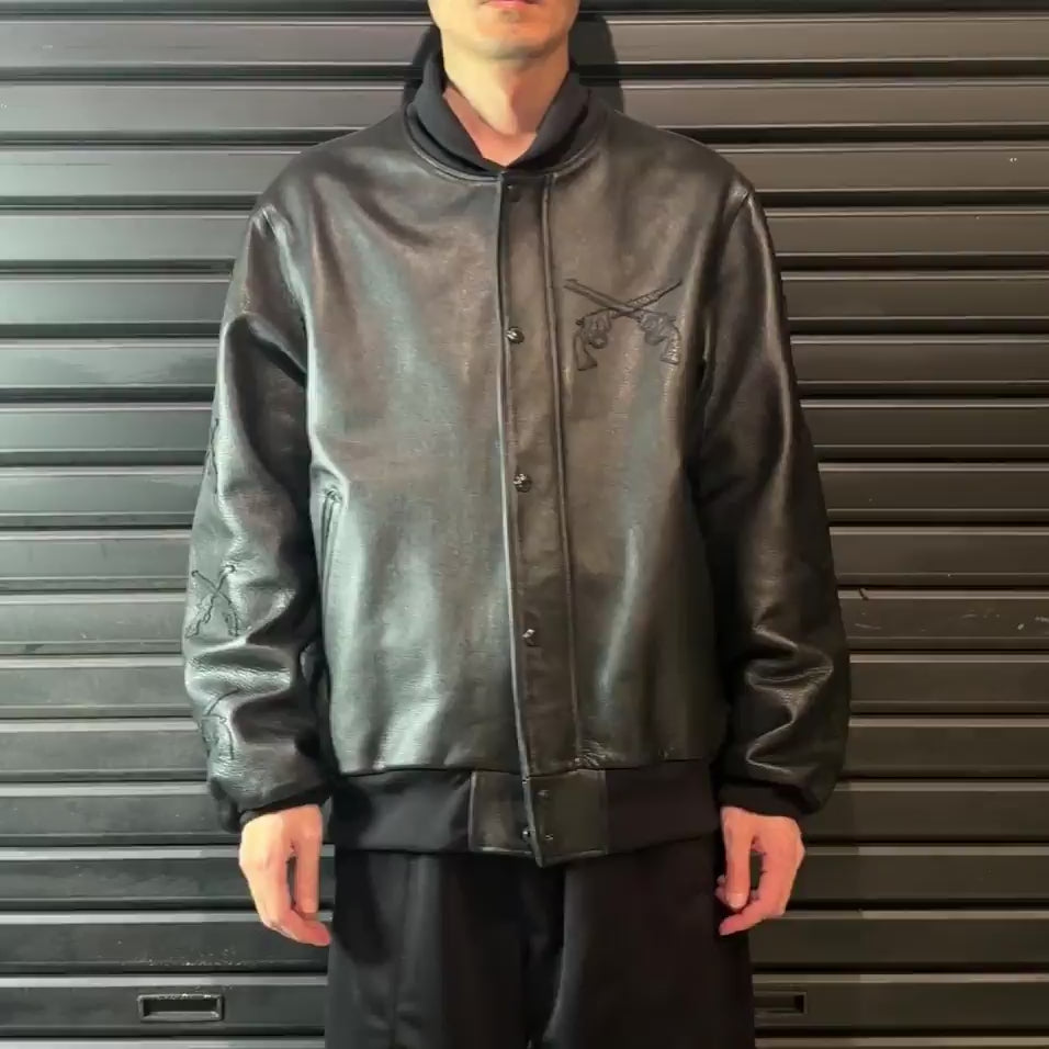 COW LEATHER CROSSGUN PATCH RIB JACKET / BLACK