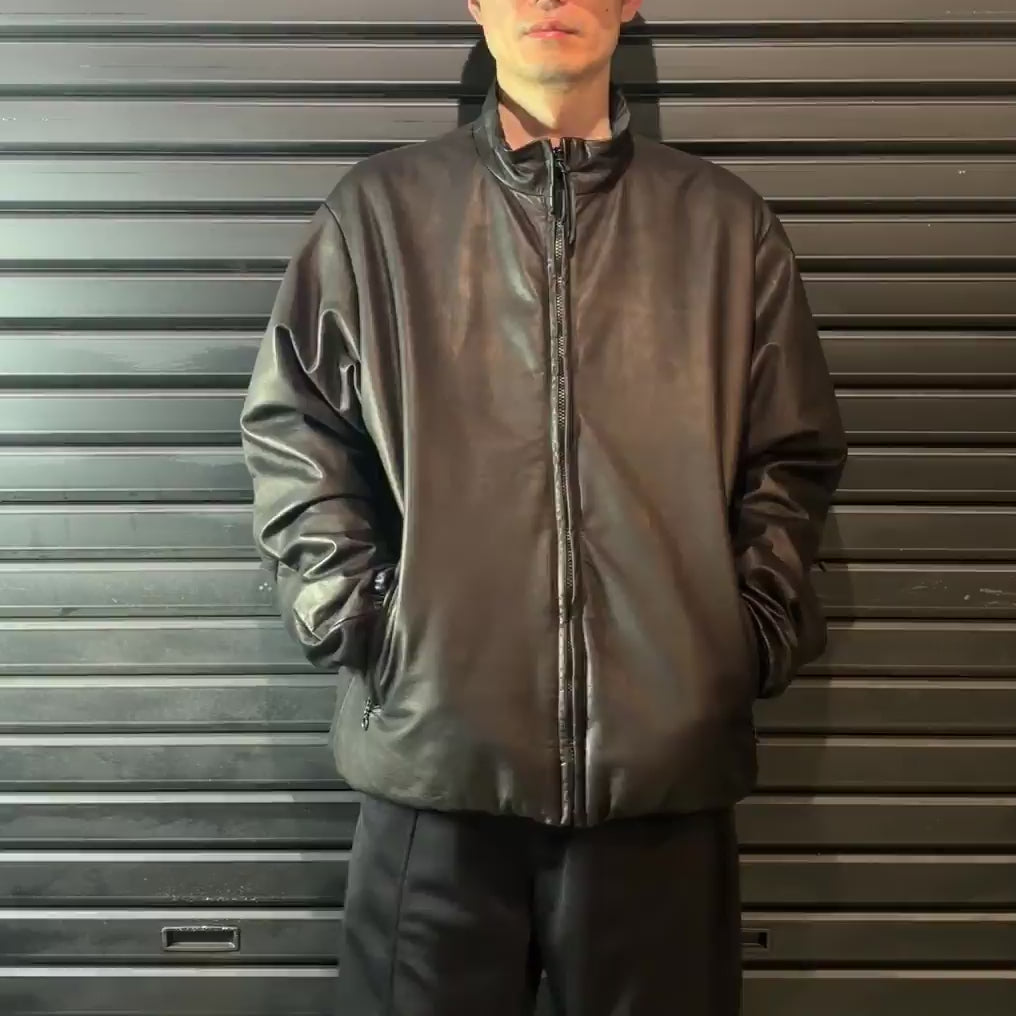 COW LEATHER ZIP PUFFER JACKET / BLACK