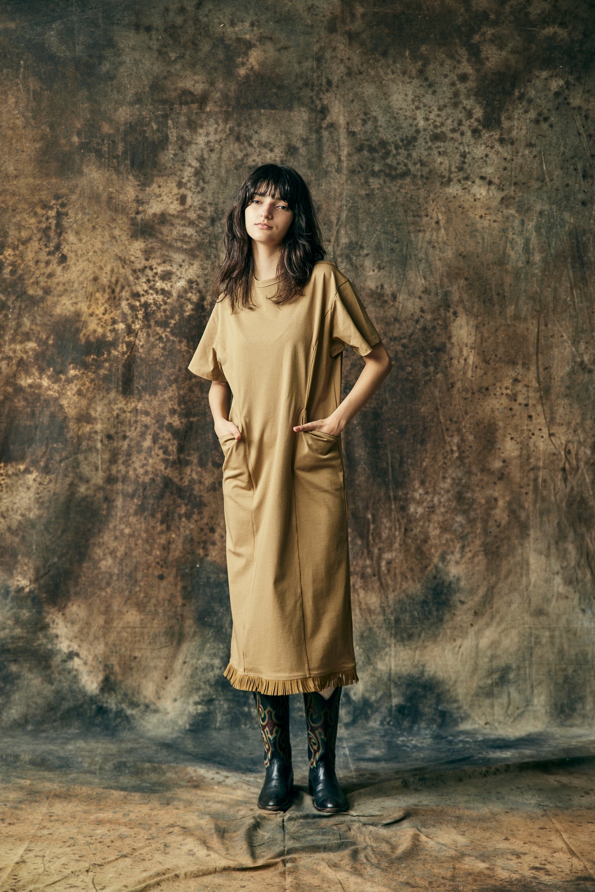 WOMENS HEAVY JERSEY FRINGE DRESS / BEIGE